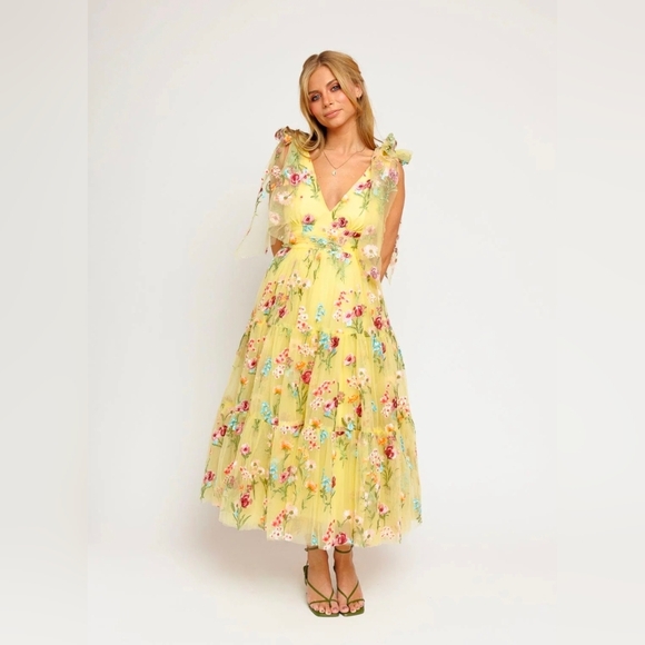JessaKae Dresses & Skirts - JessaKae Lemon Yellow Floral Tie-Shoulder Midi Dress